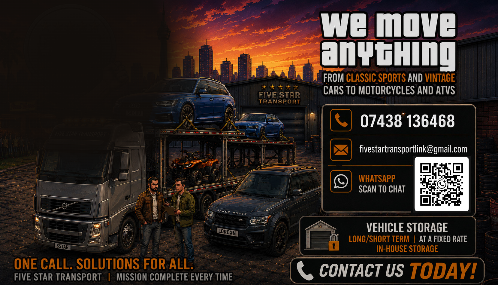 Five Star Transport truck loading vehicles at sunset